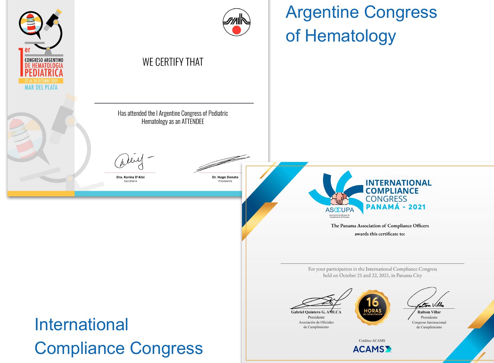 Certificats émis pour le Congreso Argentino de Hematología et le Congreso Internacional de Cumplimiento
