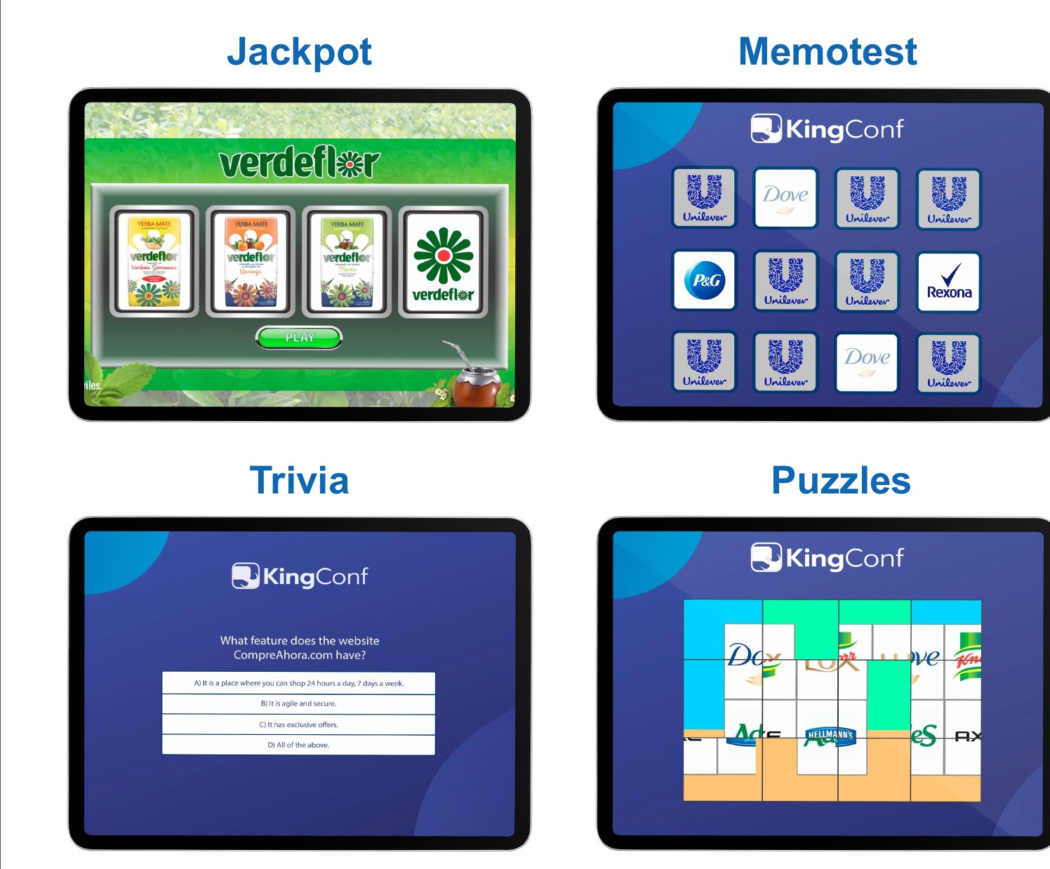 Quatre jeux interactifs : Jackpot, Memory, Quiz et Puzzle